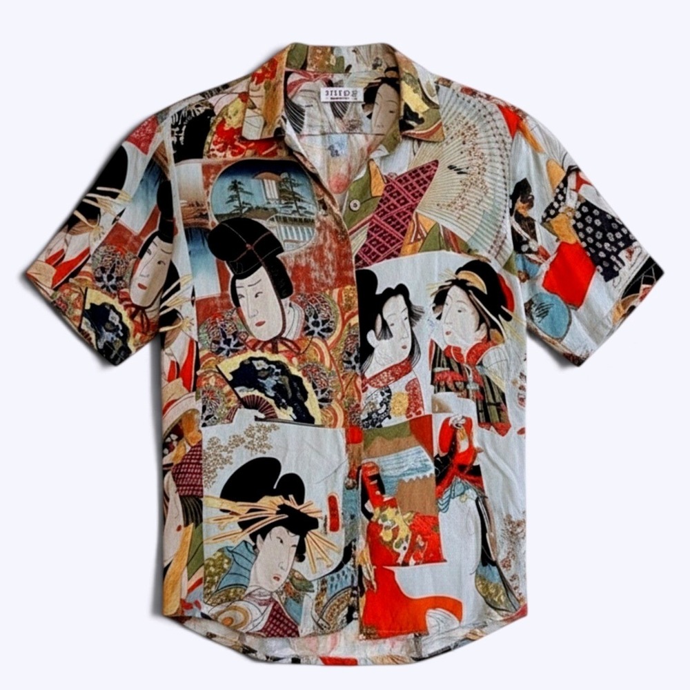 Citron Santa Monica Japanese Geisha Print Jacquard Blouse Short Sleeve Top